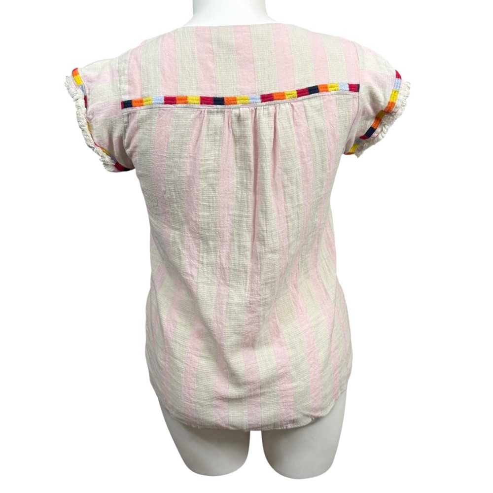 THML White Pink Stripe Multicolor Embroidered Short Sleeve Top L - Picture 5 of 9